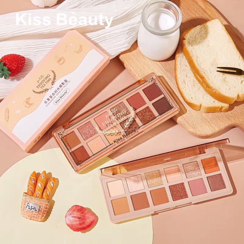 Bảng mắt trà chiều 12 màu KISS BEAUTY tông cam đào hồng đất Enjoy Tea Time Eyeshadow Palette xinh xắn hot trend KISS11