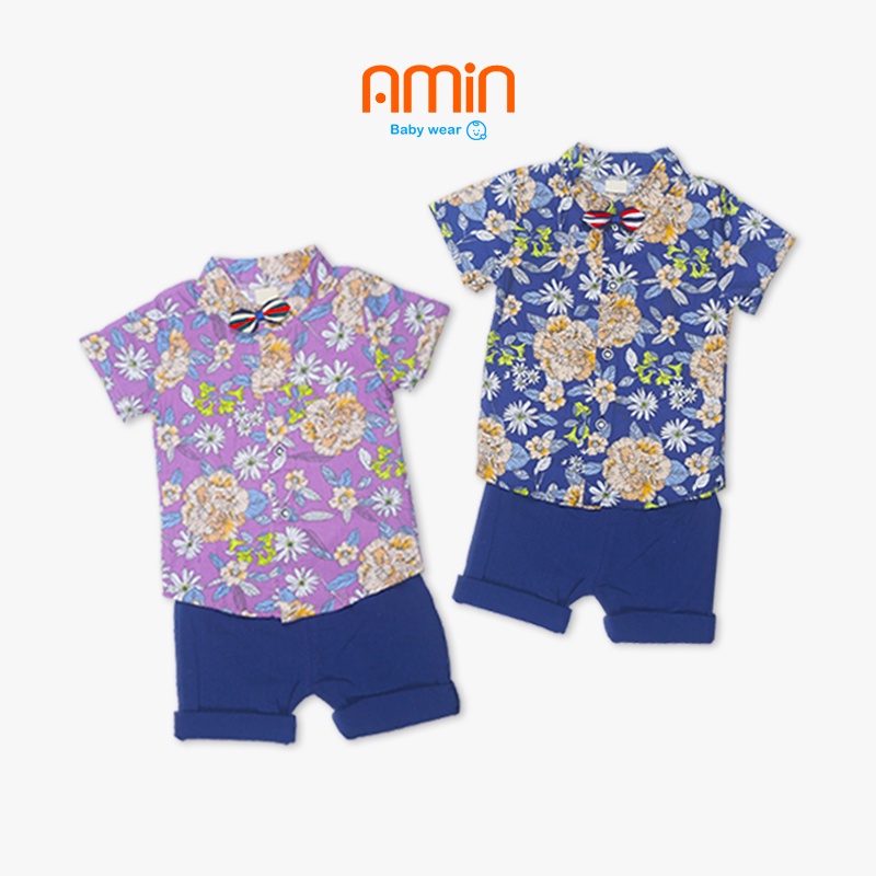 Bộ quần áo cho bé trai, set đồ bé trai từ 1-3 tuổi sơ mi tay ngắn họa tiết hoa lá phong cách Hàn Quốc