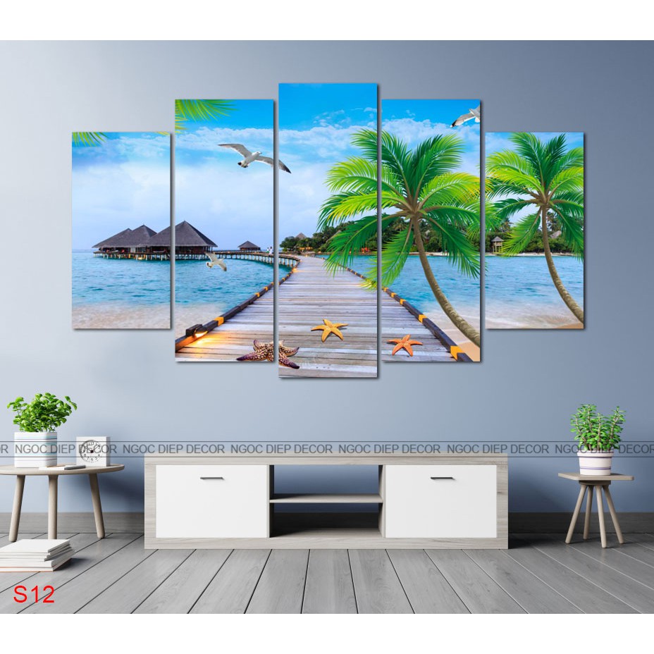 [SALE] bộ 5 tấm tranh treo tường, tranh biển, tranh phòng khách, tranh phong thủy tuyệt đẹp loại 1 giá rẻ 30*60|80|90