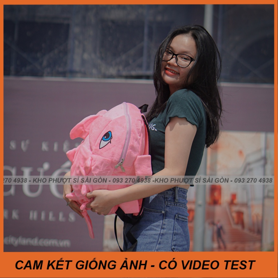 Balo tắc kè - Balo khủng long Nhung mịn màu hồng phấn đựng mũ bảo hiểm đi phượt