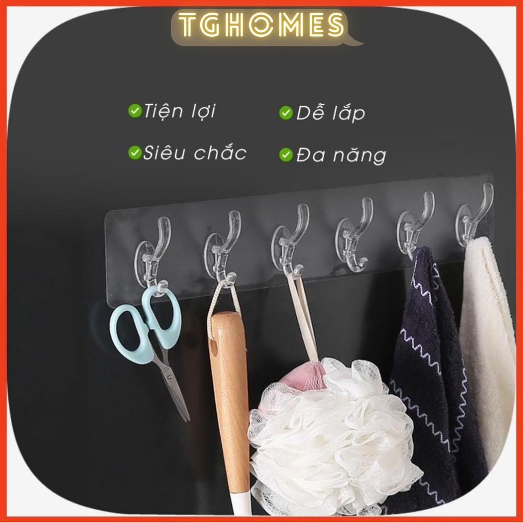 Móc nhựa dán tường treo đồ, thanh dán tường 6 móc liền mạch treo đồ dùng nhà bếp phòng tắm siêu dính đa năng