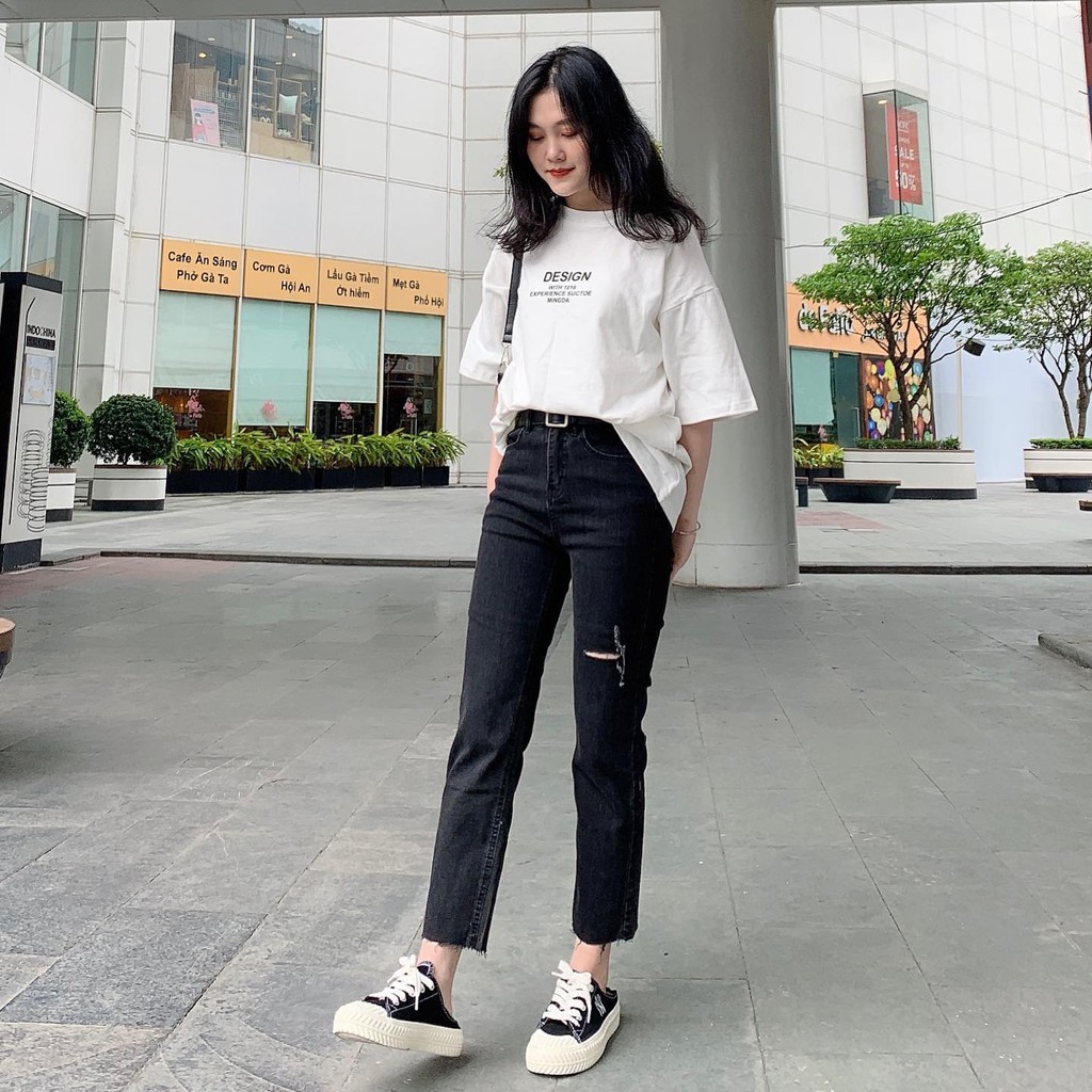 201058 Quần boots cut jeans ulzzang cho nữ form ôm loe nhẹ tôn dáng màu đen có rách | BigBuy360 - bigbuy360.vn