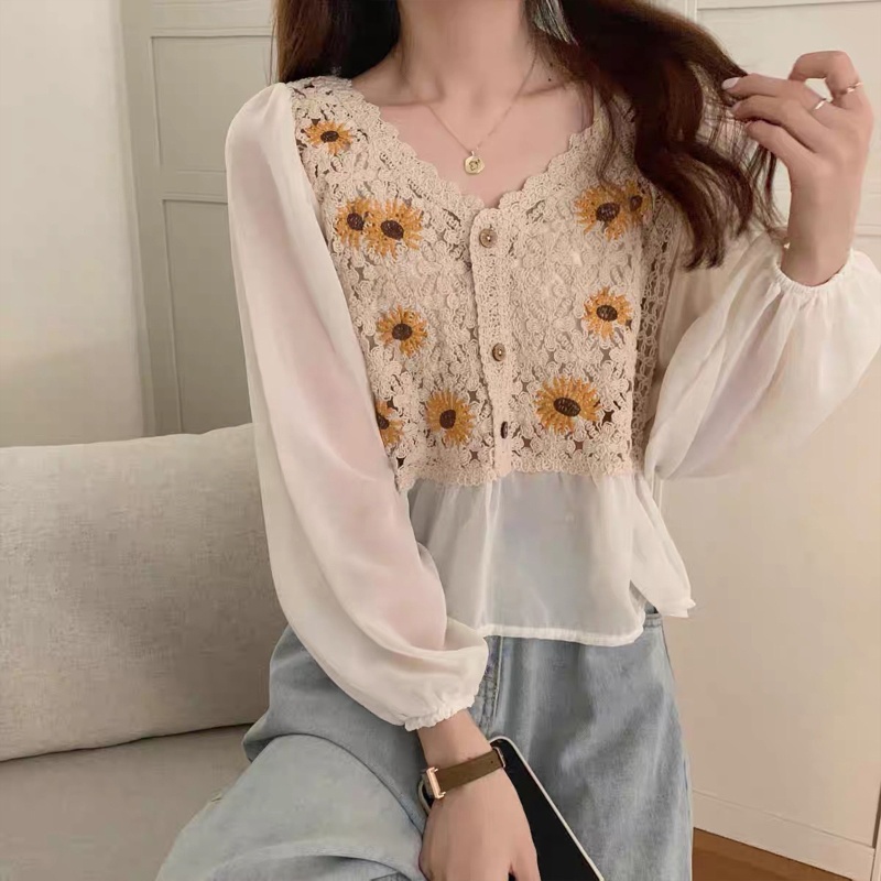 Áo Sơ Mi Tay Dài Phồng Thêu Hoa Phong Cách Pháp Ngọt Ngào Cho Nữ