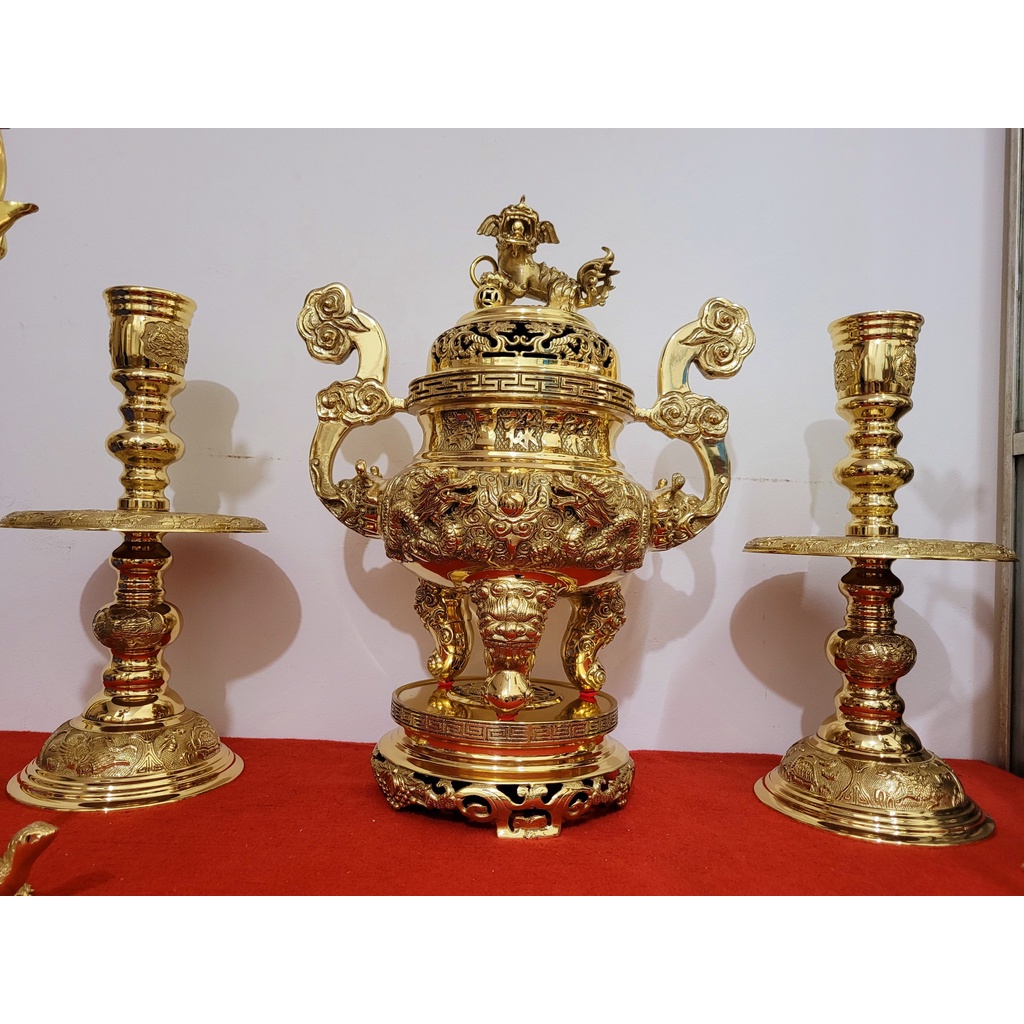 Bộ Đỉnh Thờ Đồng Ngũ Sự Song Long Chầu Nguyệt cao 40cm bằng đồng nguyên chất đúc liền màu vàng bóng