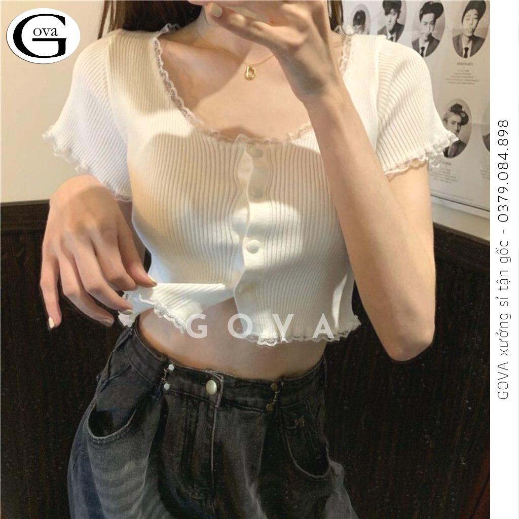 Áo Croptop tay ngắn phối ren Hot Trend Áo kiểu nữ ôm chất thun Cao Cấp gân mềm mát