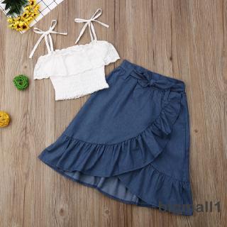 Set Áo Hai Dây Phối Ren Và Chân Váy Denim Thời Trang Cho Bé Gái 2-7 Tuổi
