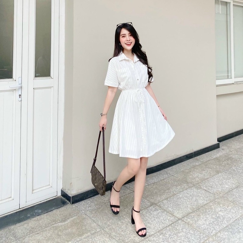 Đầm váy trắng sọc 2 túi