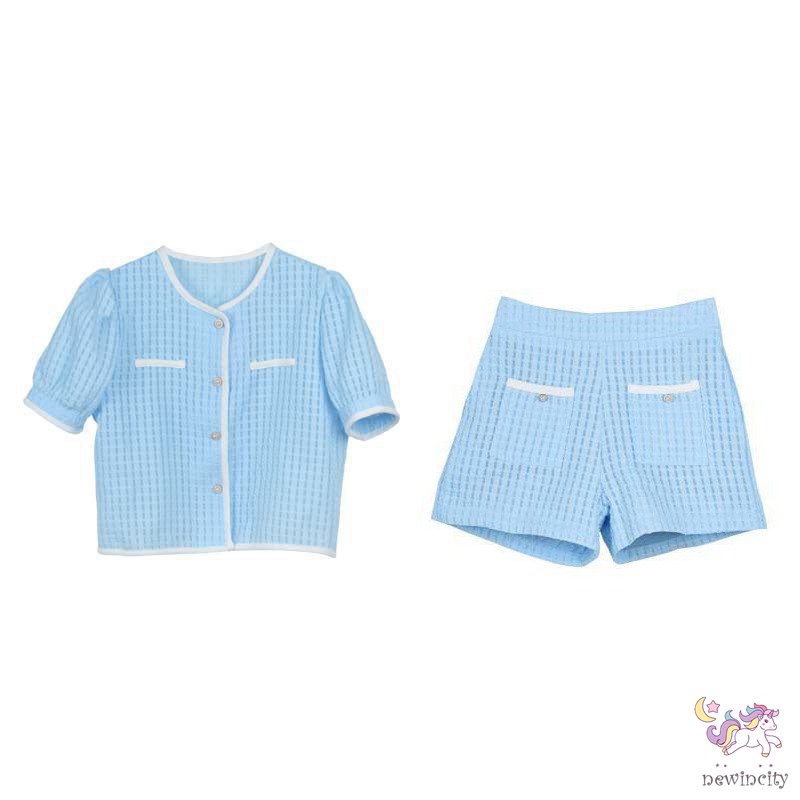 Set áo ngắn tay đính nút ngọc trai giả + quần short phong cách Hàn Quốc thời trang mùa hè dành cho bé gái