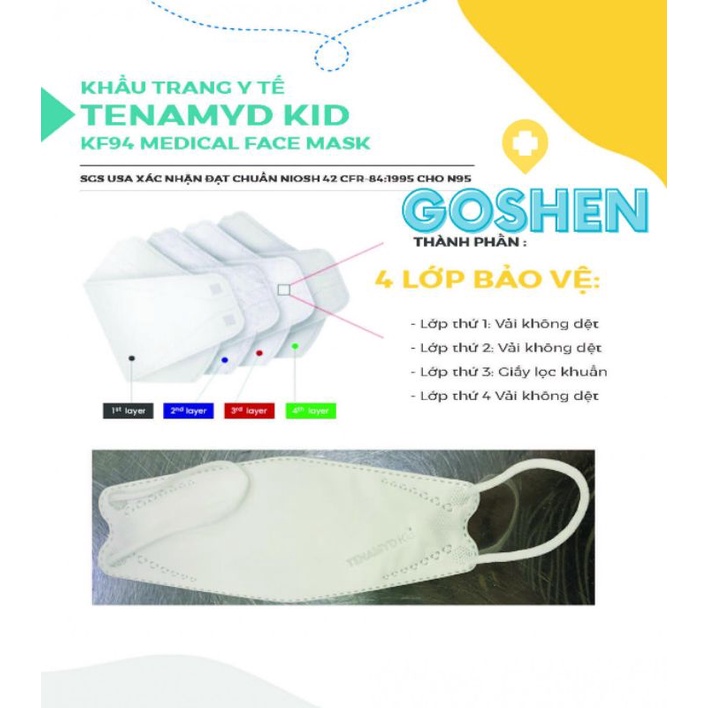 Khẩu Trang Trẻ Em (4-15tuổi) dòng Cao Cấp KF94 Tenamyd Kid 4 lớp Chuẩn NIOSH N95