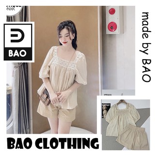 [SB13] Set quần đùi đũi kèm áo tay bồng cổ vuông chất Đũi xước màu be siêu đẹp
