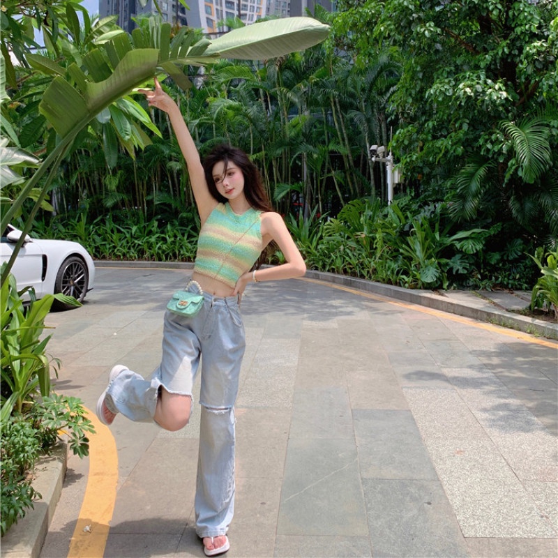 Áo Dệt Kim Sát Nách Kẻ Sọc Màu Cầu Vồng Thời Trang Cho Nữ