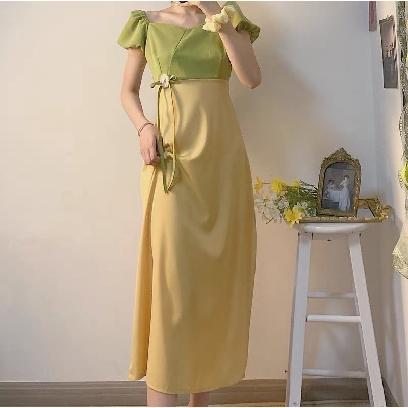 Đầm Tay Phồng Dáng Dài Chiết Eo Kiểu Vintage Hàn Quốc Dễ Thương Cho Nữ