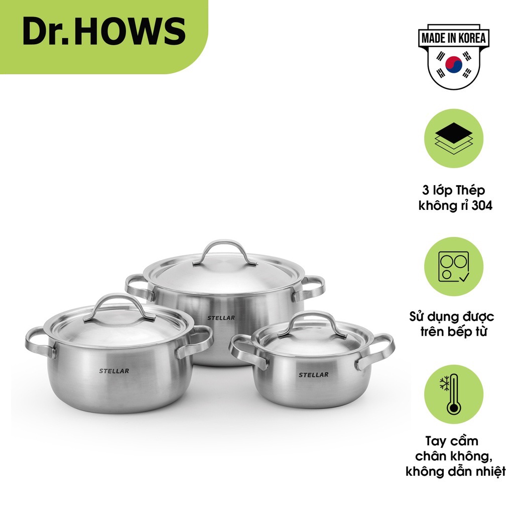 Bộ nồi nấu 03 món Inox 3 lớp Dr.Hows Stella Casserole 16-20-24cm