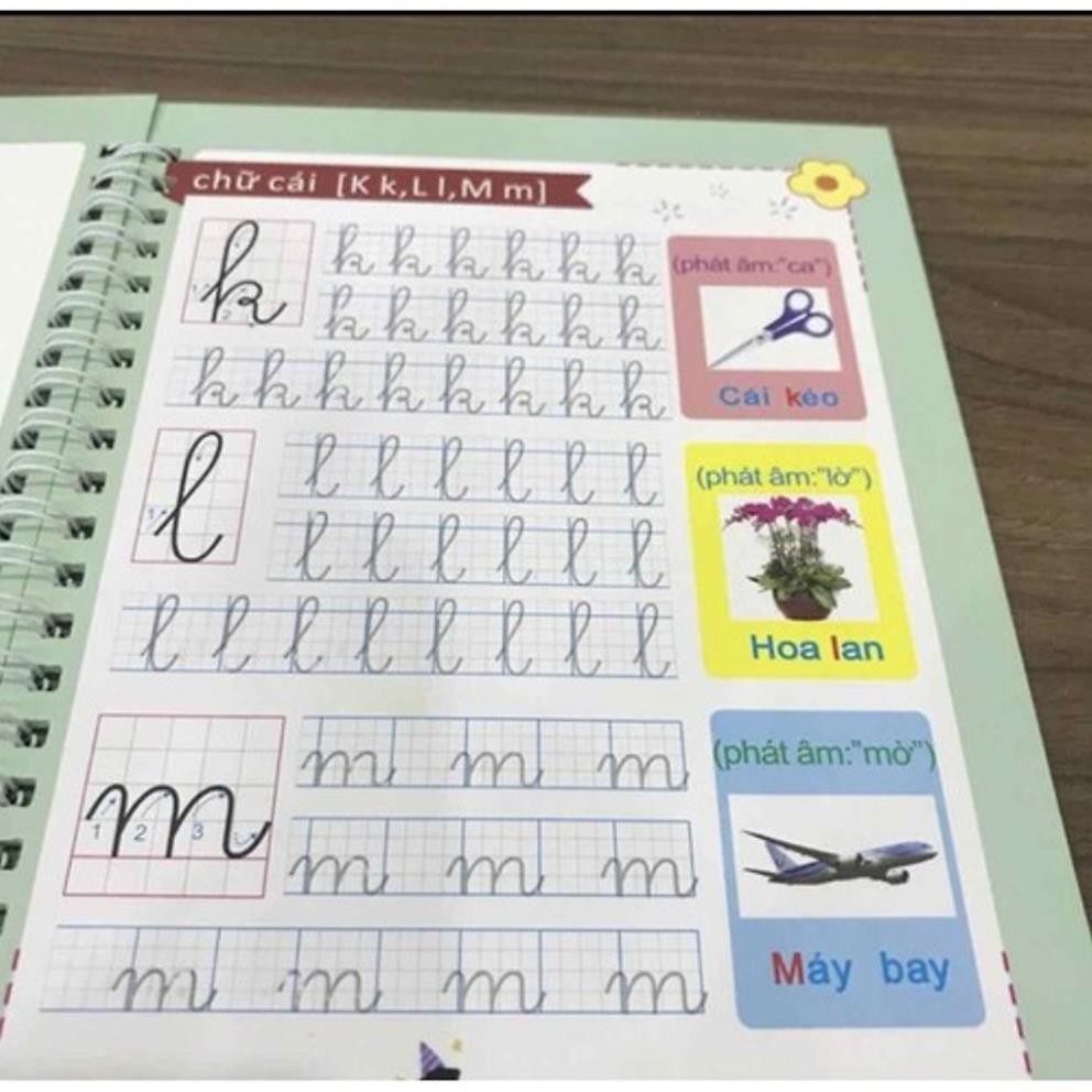 Combo 2 quyển vở luyện viết chữ và số đẹp tự xóa chuẩn tiếng Việt kèm 2 bút 6 ngòi 2 cá heo định hình