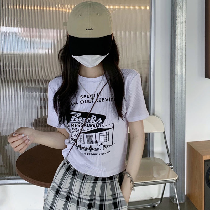 Áo Thun Ngắn Tay Lưng Cao Phong Cách Retro Mỹ Thời Trang Mùa Hè 2022 Mới Cho Nữ