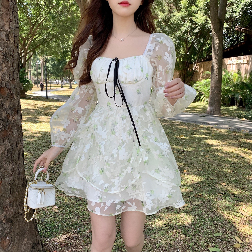 Đầm Tay Dài Phối Lưới Họa Tiết Hoa Xinh Xắn Thời Trang Mùa Hè