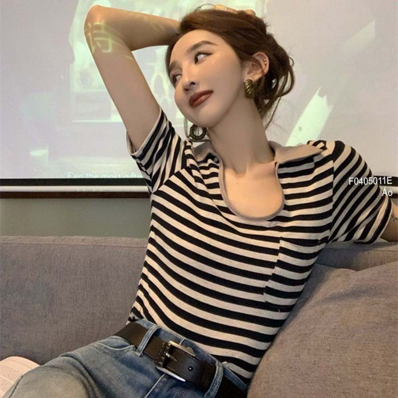 Áo len sọc cổ bẻ xẻ U một túi tay ngắn hàng Quảng Châu 0405