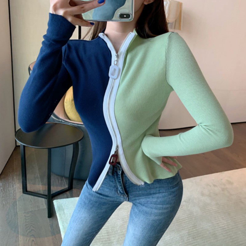 Áo sweater dài tay phối màu có khóa kéo thời trang mùa thu dành cho nữ