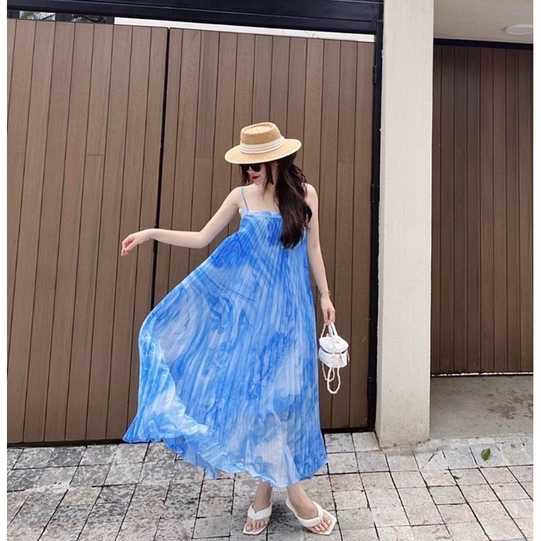 Đầm maxi suông dập ly loang màu hai màu xinh