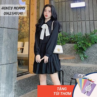[FREESHIP] Váy bầu thu đông BABY DOLL cho con bú màu đen tay dài phối nơ HD4605 Honey Mommy