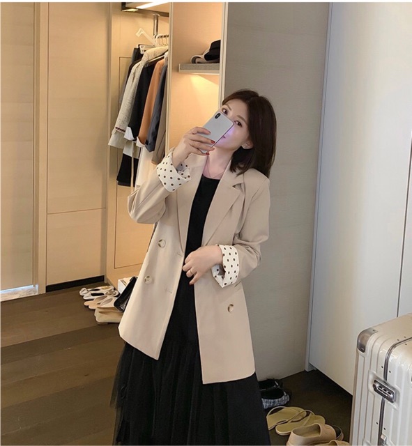 Áo khoác vest blazer thu Đông cúc đôi phối tay bi cho nàng công sở