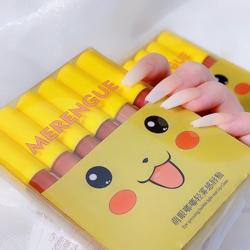 Hộp 6 cây son kem Pikachu nắp vàng cute Merengue