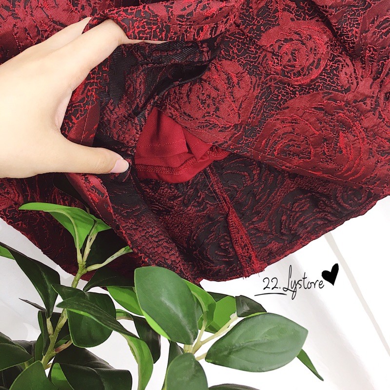 ĐẦM gấm đỏ tay phồng xẻ có lót quần - 22.Lystore