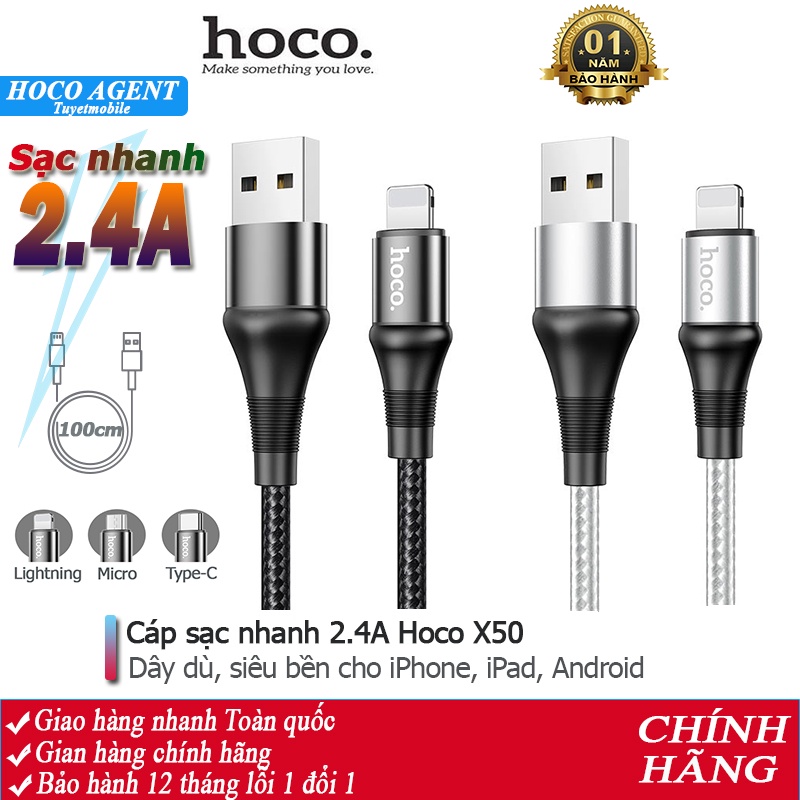 Cáp sạc nhanh Hoco X50 siêu bền sạc full iPhone/ Android/ iPad dây truyền tải dữ liệu dài 1m - Chính hãng