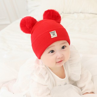 Mũ len mịn 2 quả bông siêu cute M011-đỏ cho bé trai gái 6m-24m hàng QC L1