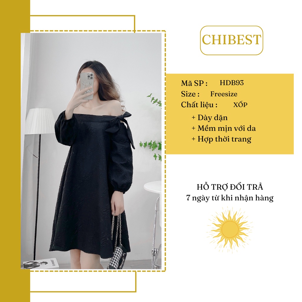 Đầm babydoll xốp vân hoa trễ vai tay dài phối nơ CHIBEST HDB93