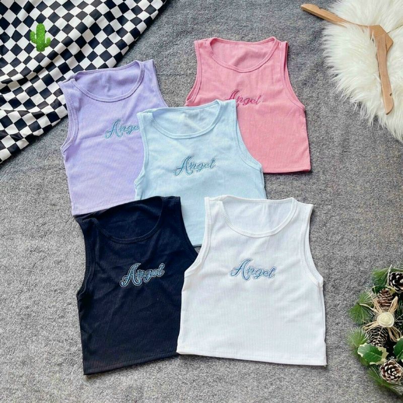 Áo croptop ba lỗ Vạt Bằng in chữ PC