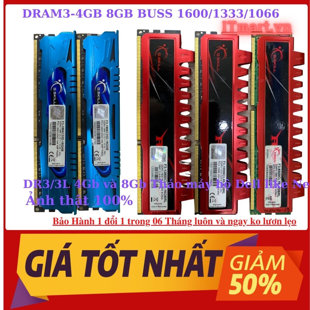 Ram PC DDR3/DDR3L, 8Gb 4Gb bus 1600Mhz- ram tháo máy đồng bộ HP,Dell,IBM chuẩn Mỹ, bảo hành 3 năm