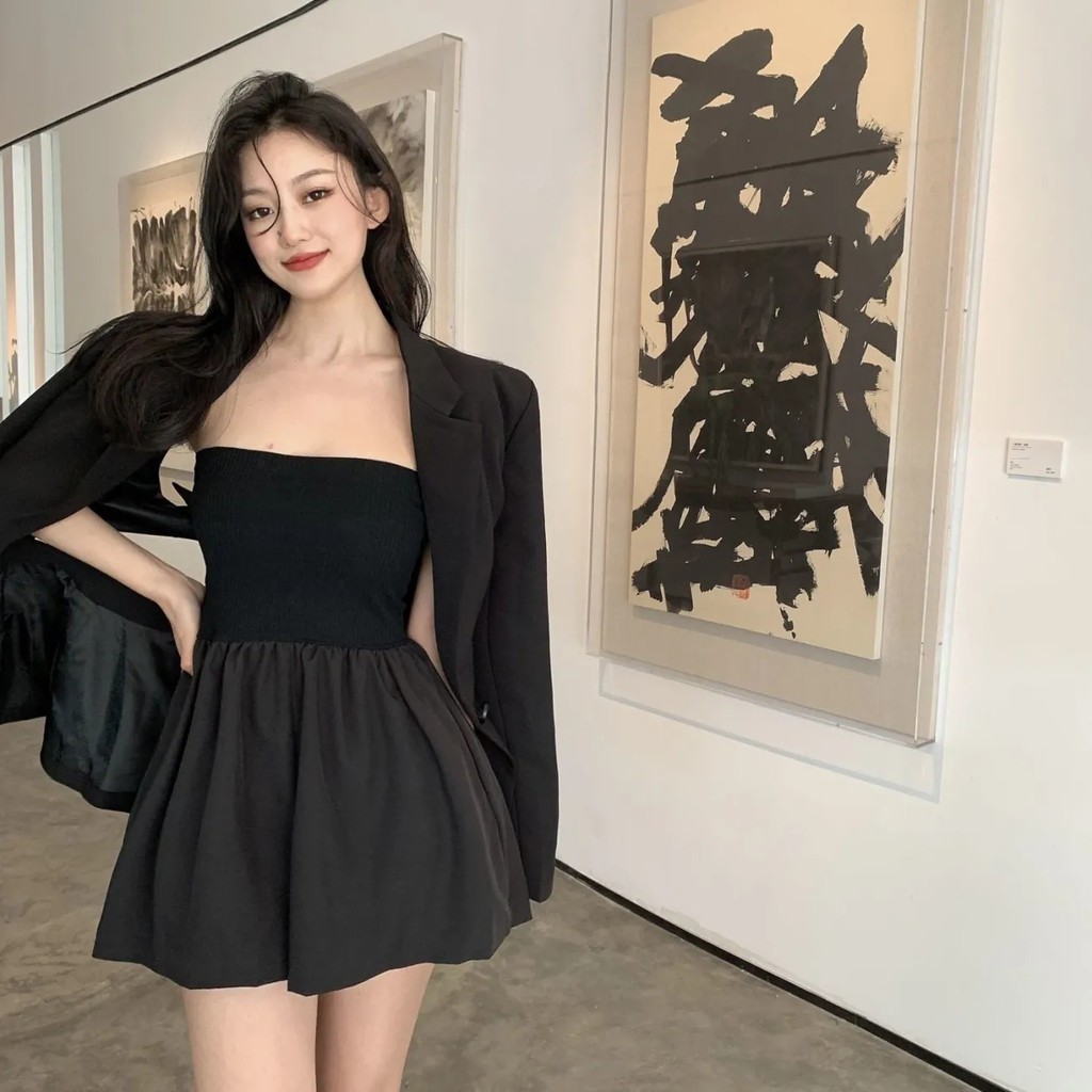 [MURIOKI] Đầm Mini Trễ Vai Eo Cao Màu Trắng Đen Phong Cách Hàn Quốc Gợi Cảm Cho Nữ