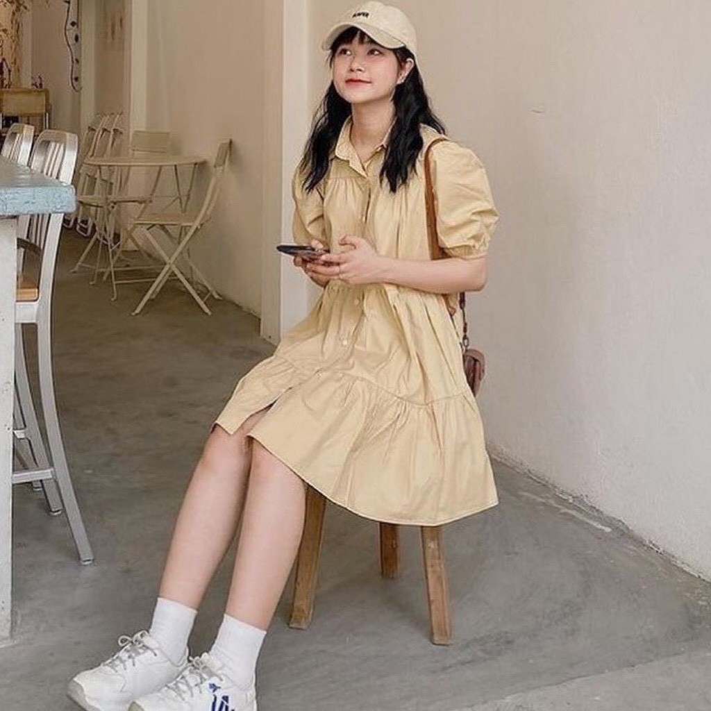 [Ảnh thật] Váy babydoll cổ sơ mi dáng xoè 3 tầng - Đầm sơ mi cổ đức dáng babydoll