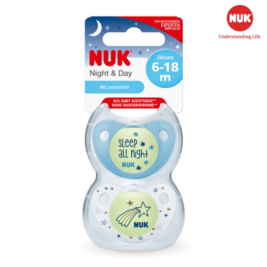 Bộ 2 ti giả NUK Night/Day silicone cho bé ngủ ngoan cả đêm size 0-6-18-36 tháng