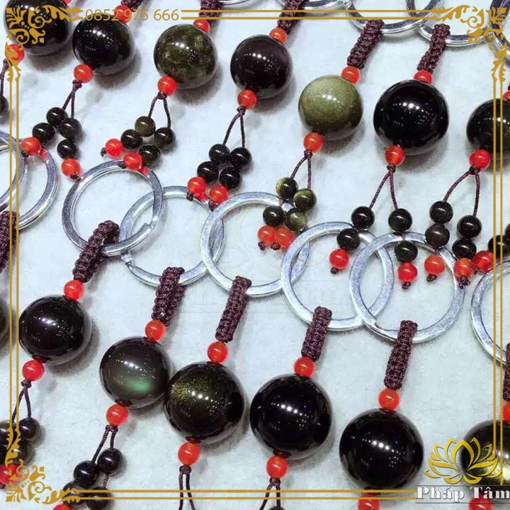 Móc Khóa Đá Obsidian Hạt Tròn Trơn Vân Tự Nhiên - Tâm Phong Thủy