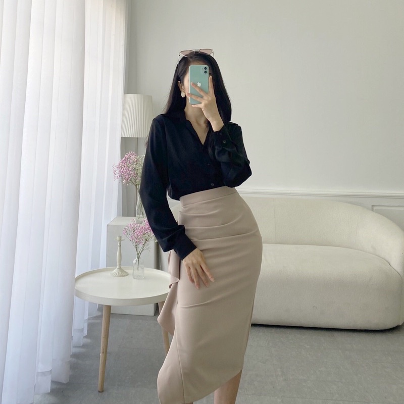 VELLE DESIGN chân váy bèo xẻ Laura công sở chất dày dặn co giãn tốt không nhăn
