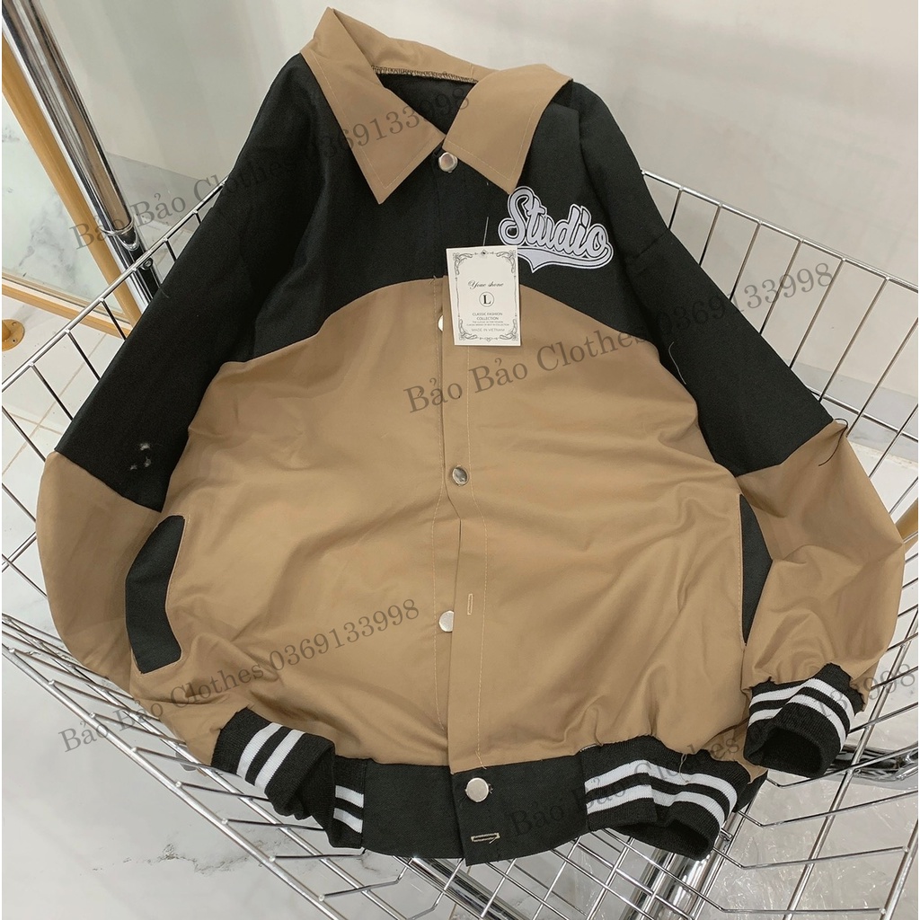 Khoác Bomber Phối Thân Studio Nam Nữ Unisex Dáng Rộng Tay Bồng Cúc Bấm