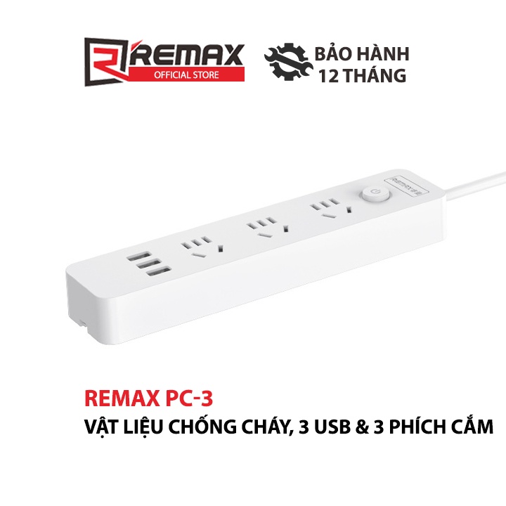 Ổ cắm điện thông minh Remax PC-3 hỗ trợ 3 cổng USB và 3 phích cắm - công suất tải lên đến 2500W