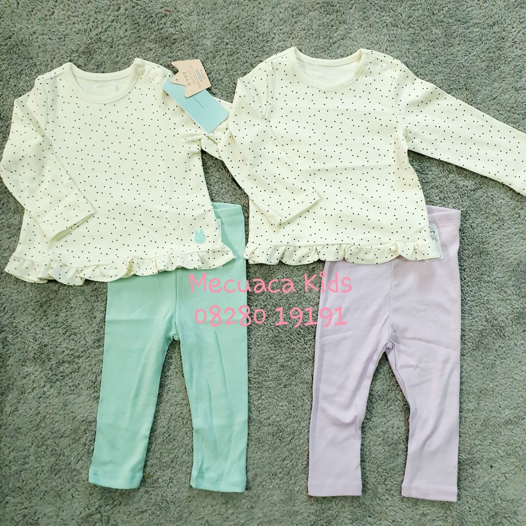 [80-120] Bộ ngủ cotton mặc nhà dài tay thu đông xuất Hàn cho bé gái chấm bi hai màu