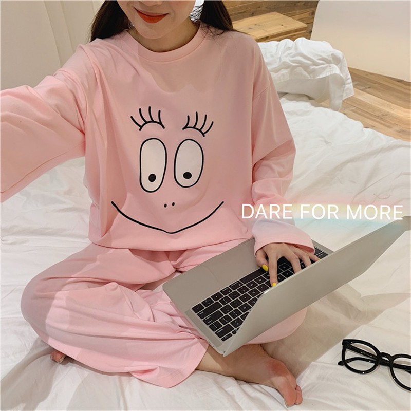 Bộ đồ bộ mặc nhà tay dài cổ tròn in hình mắt to dễ thương + Quần dài cho nữ