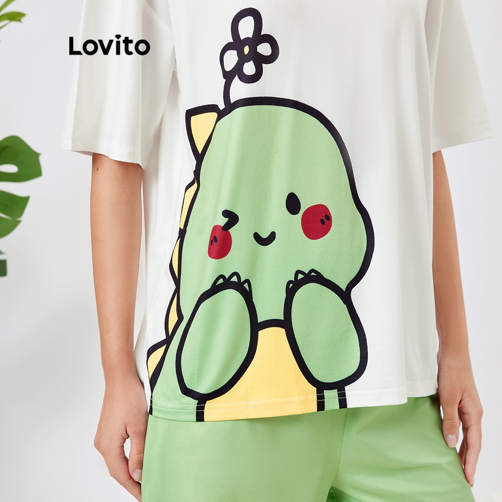 Set đồ pajamas Lovito họa tiết hoạt hình thoáng khí L26AD078 (màu xanh lá nhạt)
