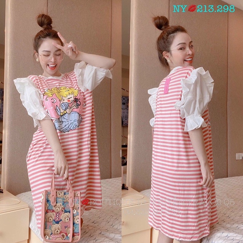 Đầm nữ màu hồng bánh bèo in hình công chúa, Đầm tiểu thư tay phồng chất thun mềm hoạ tiết sọc ngang cute
