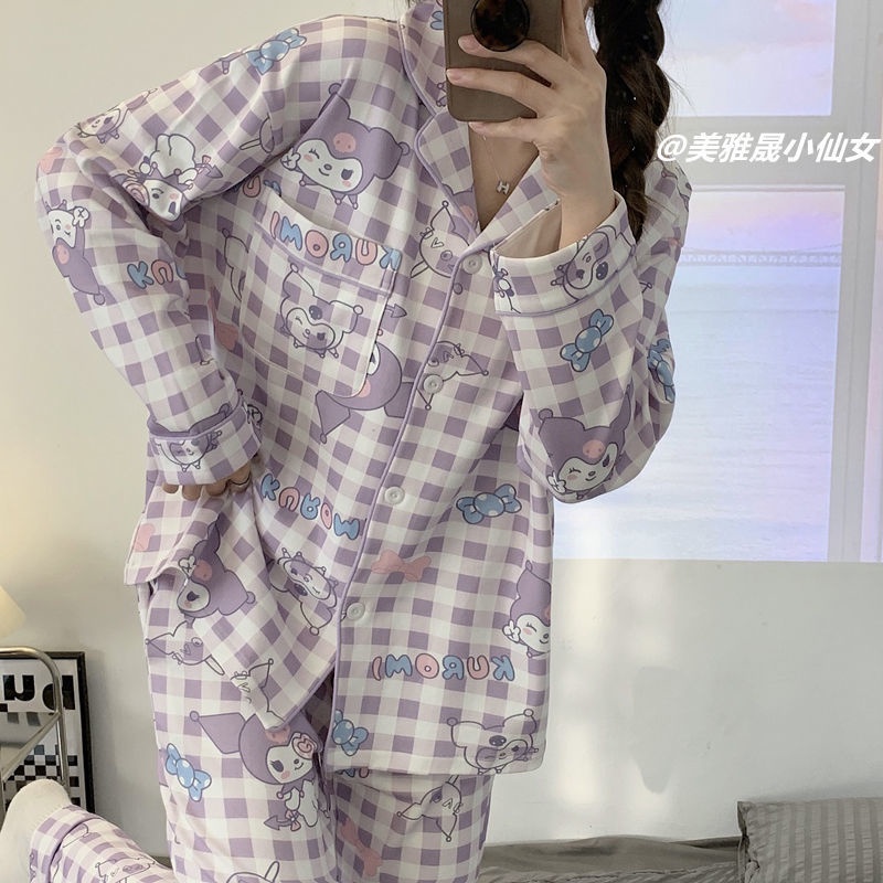 Bộ Đồ Ngủ Tay Dài In Họa Tiết Kuromi Dễ Thương Thời Trang Mùa Thu Cho Nữ