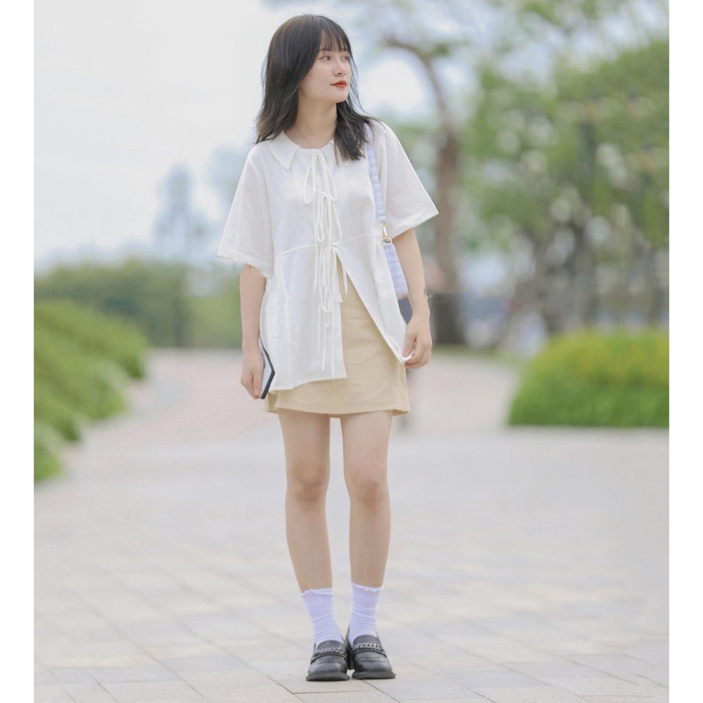 Set váy áo babydoll cổ thuyển nơ ngực ngắn tay chân váy ngắn chữ a 2 lớp bộ đồ nữ Zen Clothing SV001 | BigBuy360 - bigbuy360.vn