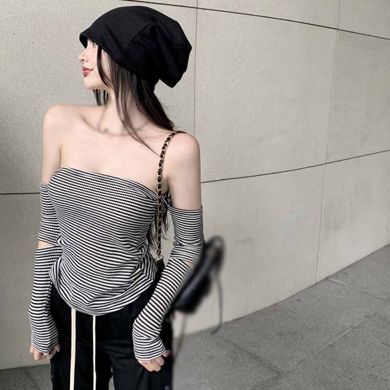 Áo thun tay dài trễ vai họa tiết kẻ sọc nhiều màu sắc thời trang quyến rũ cho nữ