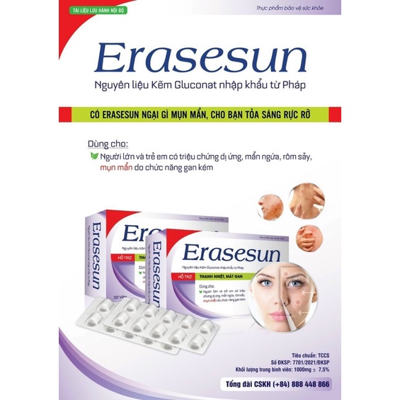 Viên uống Erasesun (Hộp 30 viên) ngăn ngừa dị ứng da, mẫn ngứa, rôm sẩy, mụn mẫn
