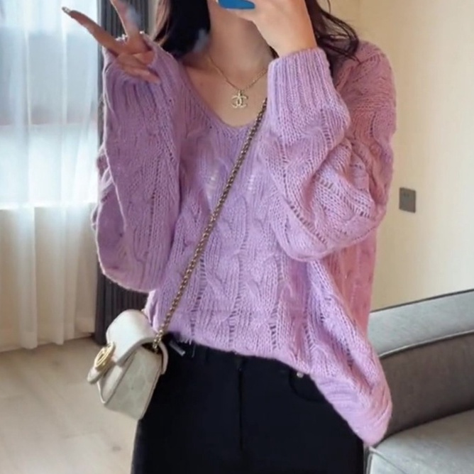 ZHELIHANGFEI Áo Len Tay Dài Cổ Chữ V Form Rộng Dễ Phối Đồ