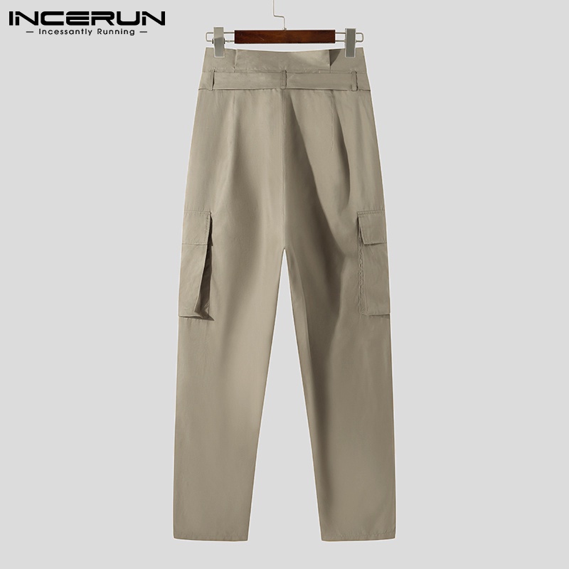 Quần baggy dài INCERUN lưng cao thiết kế nhiều túi có thắt lưng phong cách retro cho nam
