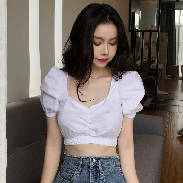 Áo Croptop Nữ Tay Bồng - Rere.Store [FREESHIP] - Áo Croptop trắng tay bồng bo chun G12-1